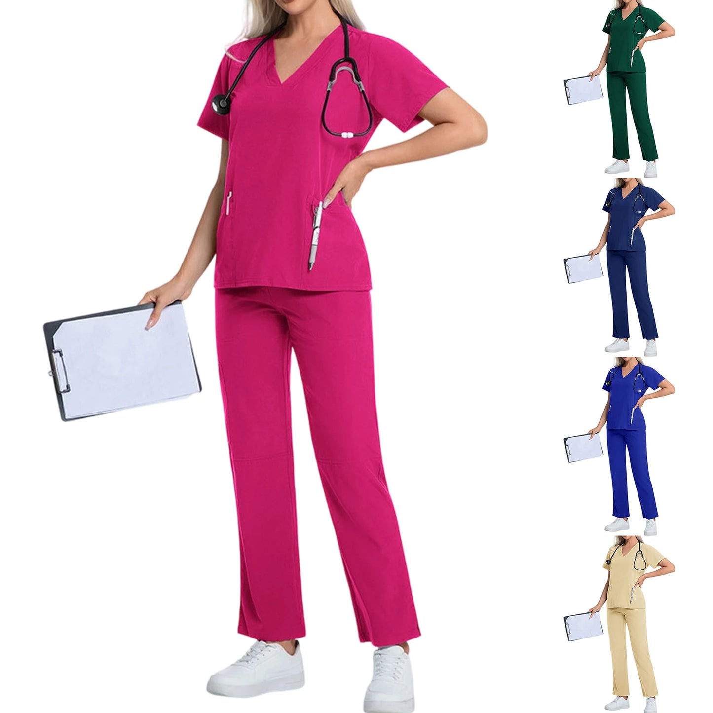 Nurse Scrub Set V Neck Short Sleeve Pocket Medical Uniform