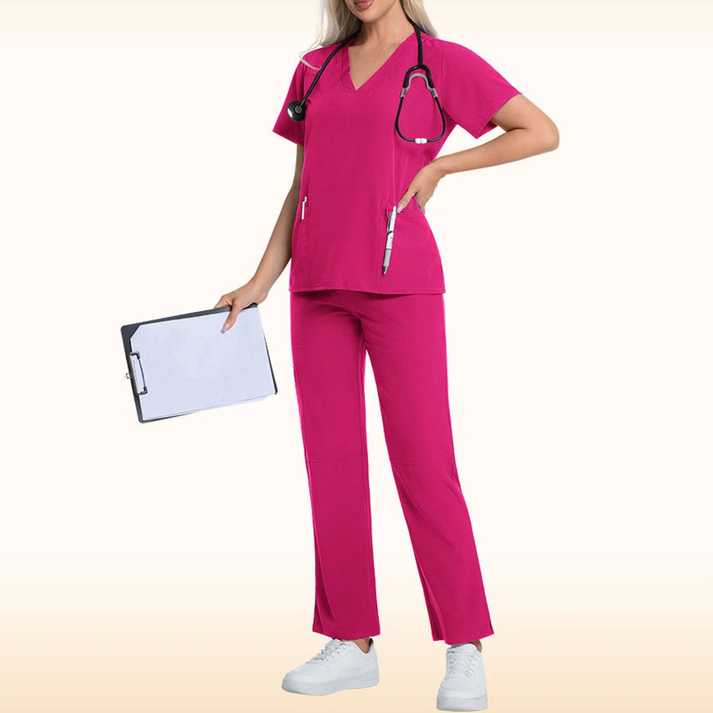 Nurse Scrub Set V Neck Short Sleeve Pocket Medical Uniform