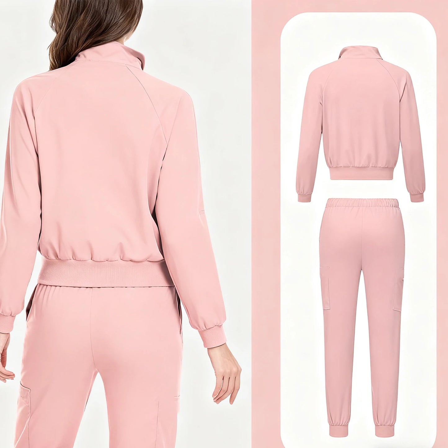Nurse Scrub Set Stand Collar Zip Long Sleeve Pocket Workwear