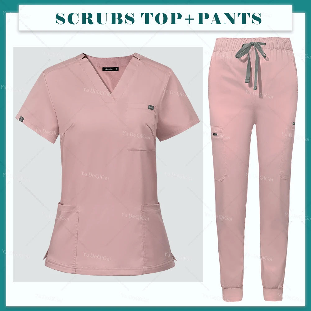 Scrubs Uniform Set Short Sleeve V Neck Top Jogger Pants