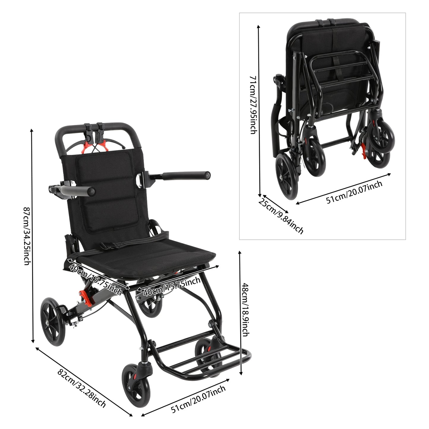 Foldable Transport Wheelchair With Handbrake Lightweight Portable Travel Chair