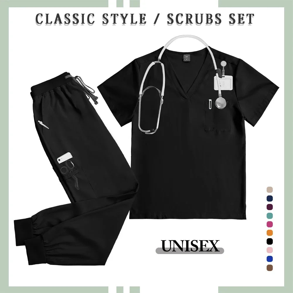 NONECN Surgery Scrubs Set Women Short Sleeve Top Pants Medical Uniform
