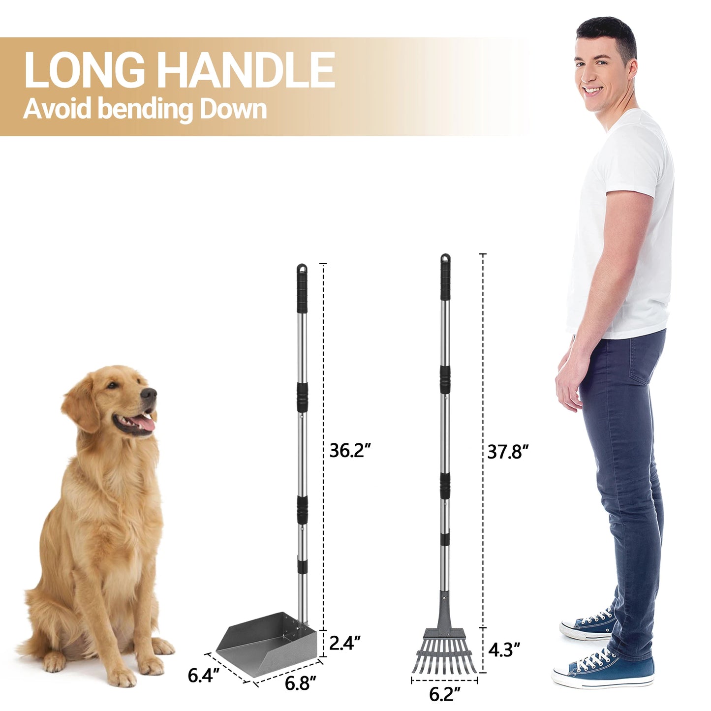 Dog Pooper Scooper Set With Long Adjustable Stainless Handles