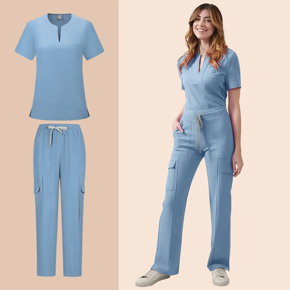 Women's Medical Scrubs Set Nurse Uniform Two Piece Tops Pants