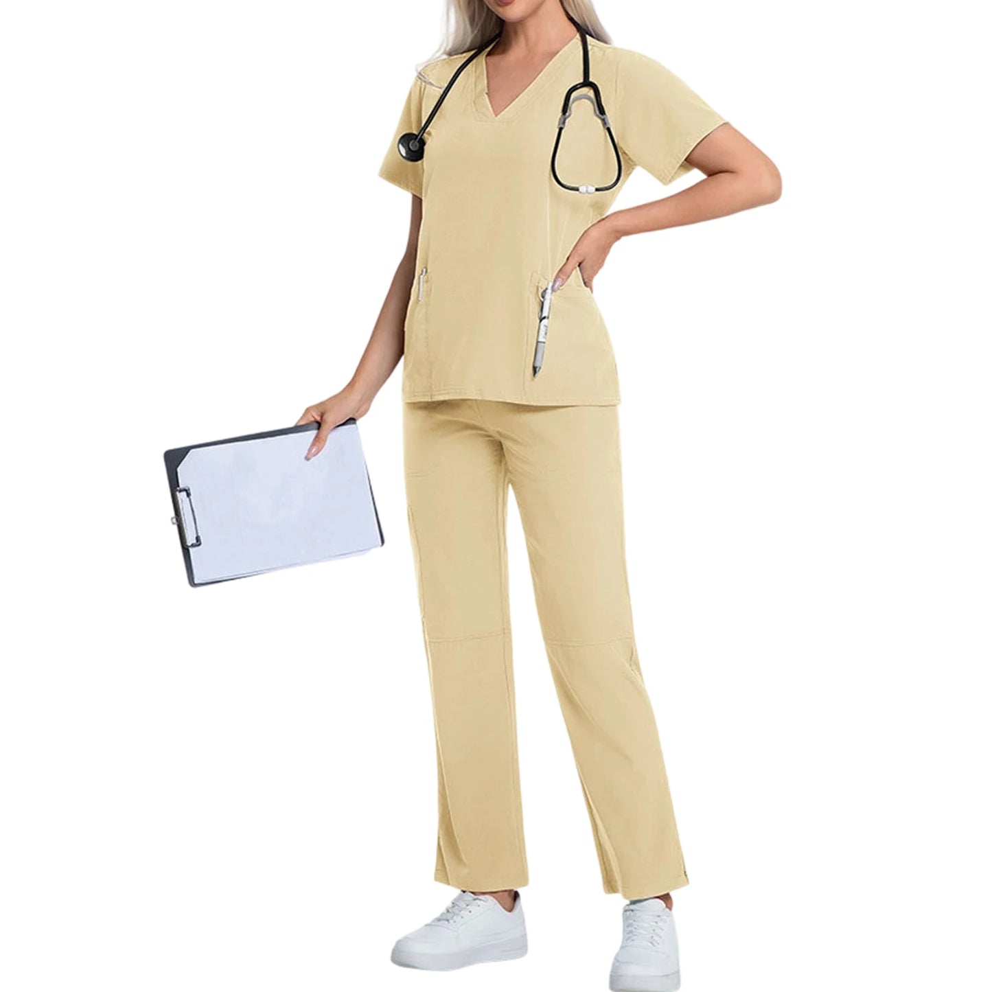 Nurse Scrub Set V Neck Short Sleeve Pocket Medical Uniform