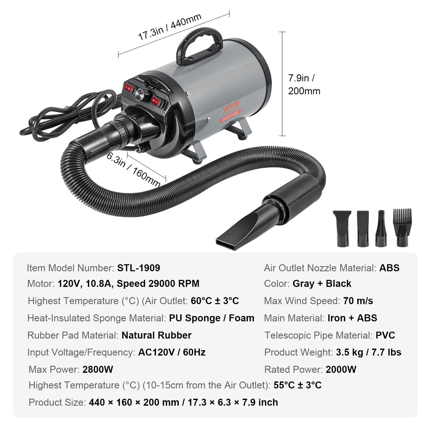 SucceBuy 2000W Dog Blow Dryer With Adjustable Speed Temperature Control