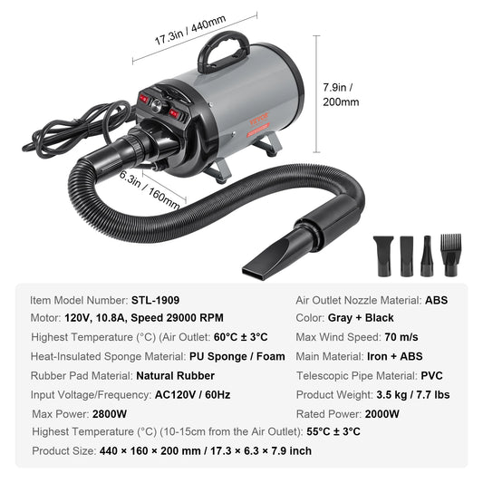 SucceBuy 2000W Dog Blow Dryer With Adjustable Speed Temperature Control