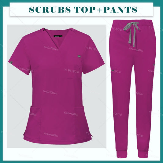Scrubs Uniform Set Short Sleeve V Neck Top Jogger Pants