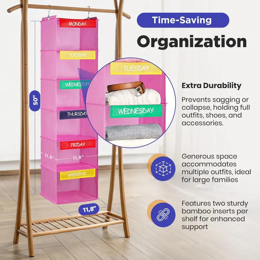 Hanging Clothes Organizer For Kids Labeled Weekday Shelves