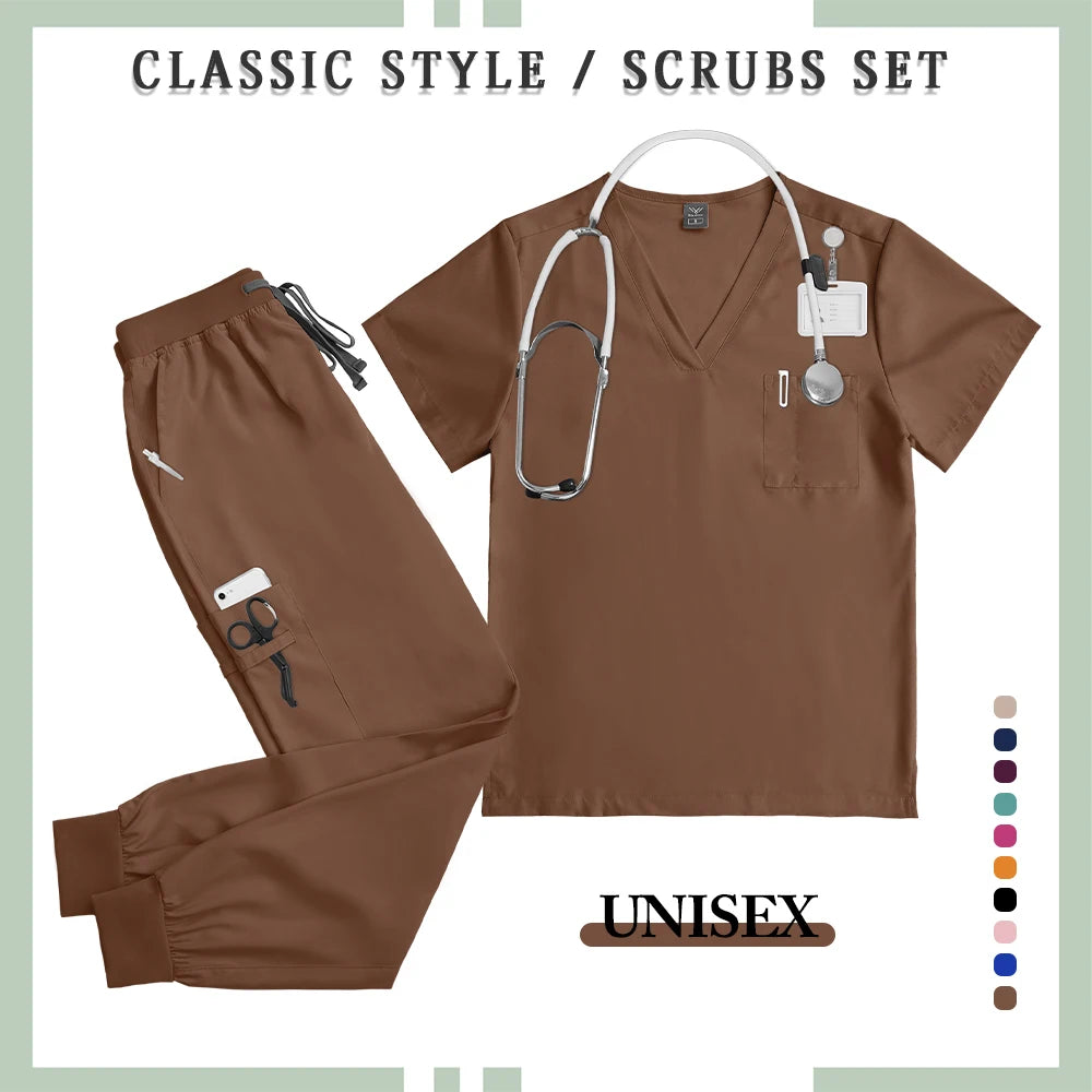 NONECN Surgery Scrubs Set Women Short Sleeve Top Pants Medical Uniform