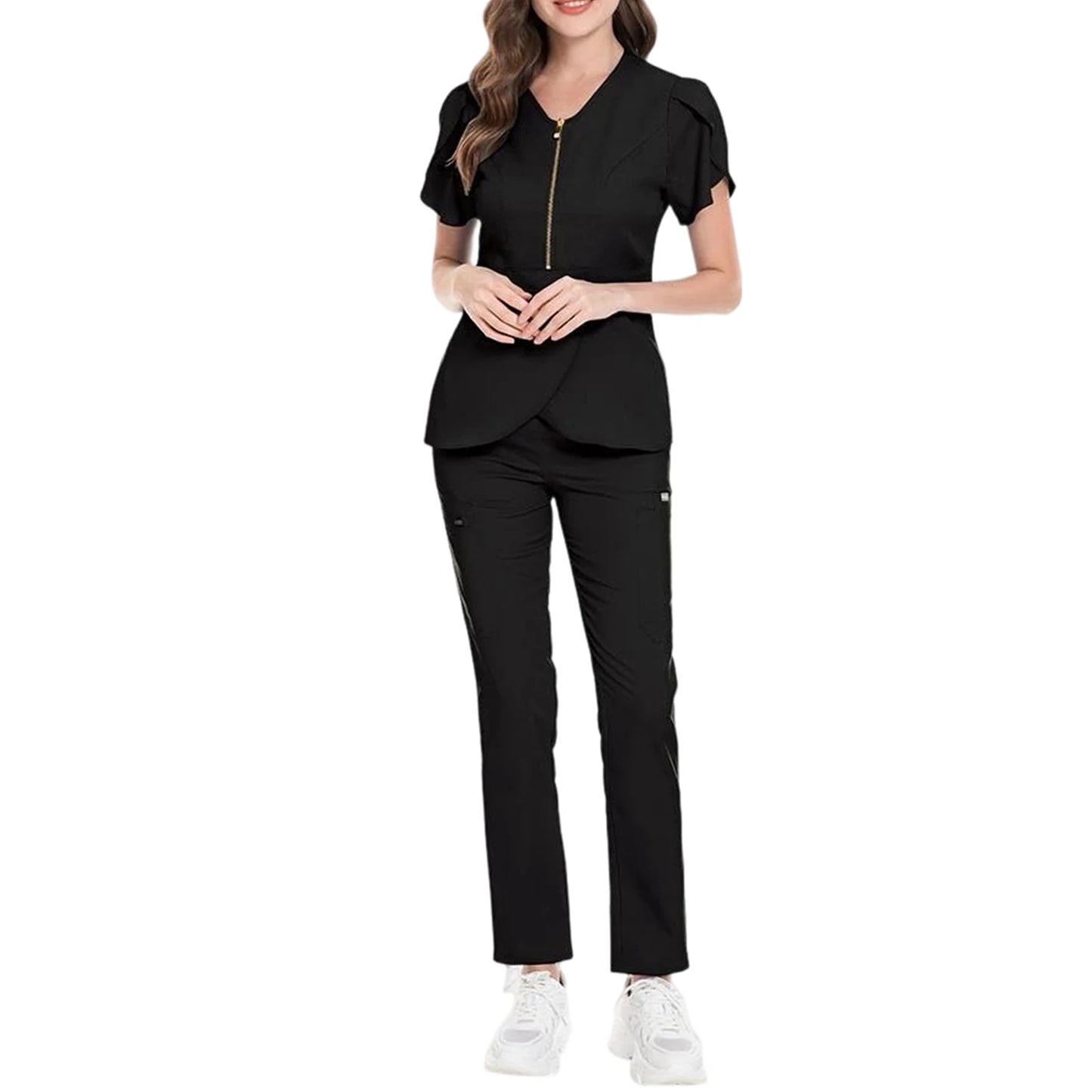 Nurse Scrub Set V Neck Zip Short Sleeves Long Pants