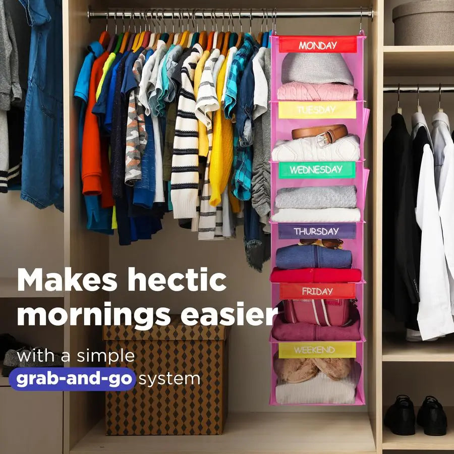 Hanging Clothes Organizer For Kids Labeled Weekday Shelves