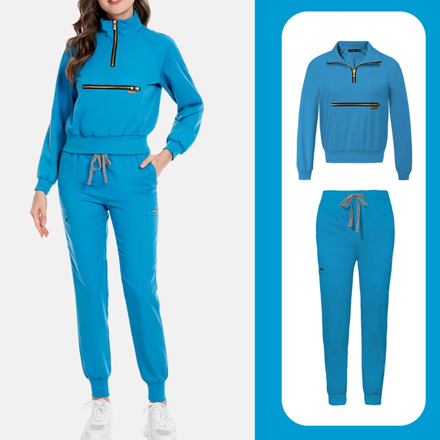 Nurse Scrub Set Stand Collar Zip Long Sleeve Pocket Workwear