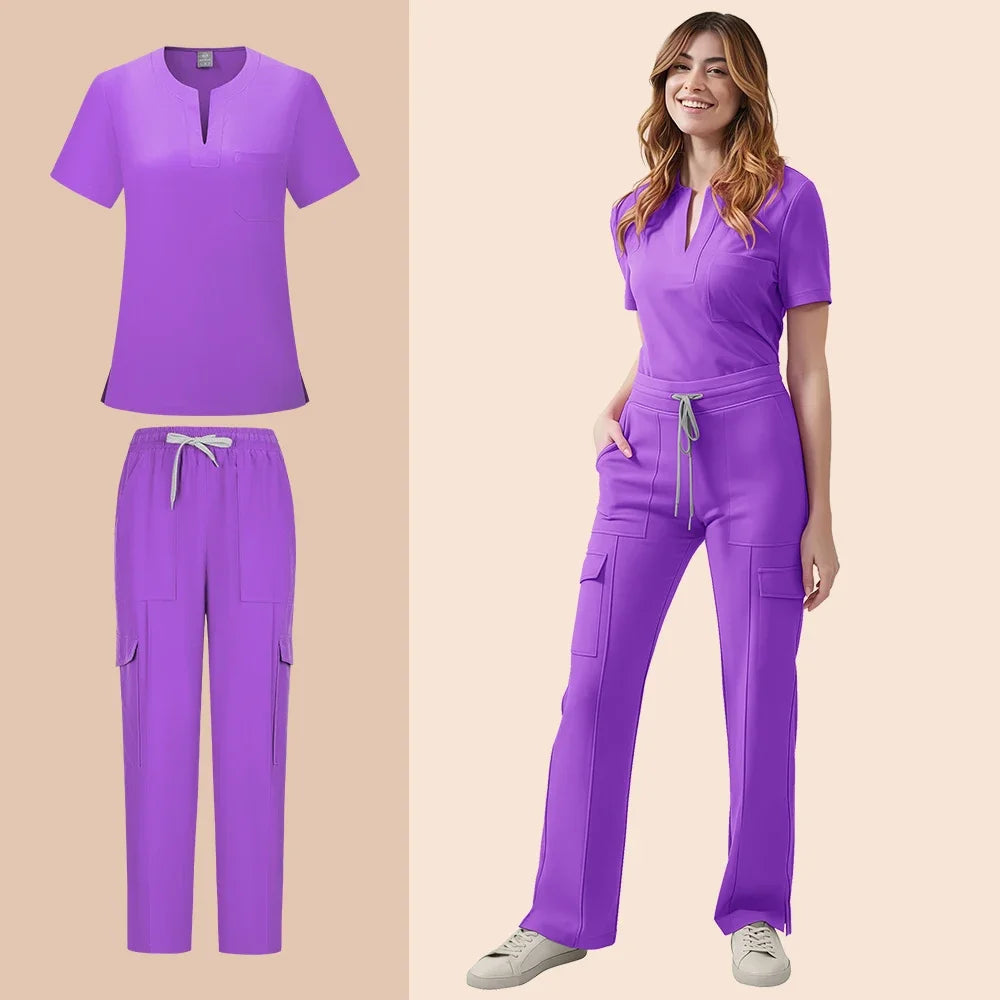 Women's Medical Scrubs Set Nurse Uniform Two Piece Tops Pants