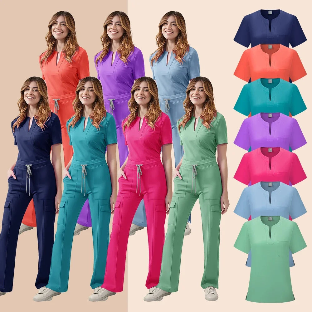 Women's Medical Scrubs Set Nurse Uniform Two Piece Tops Pants