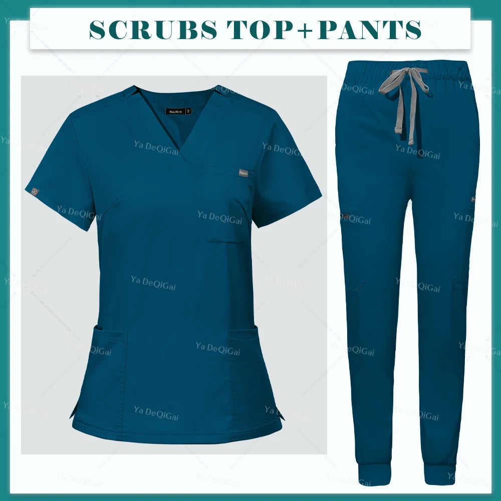 Scrubs Uniform Set Short Sleeve V Neck Top Jogger Pants