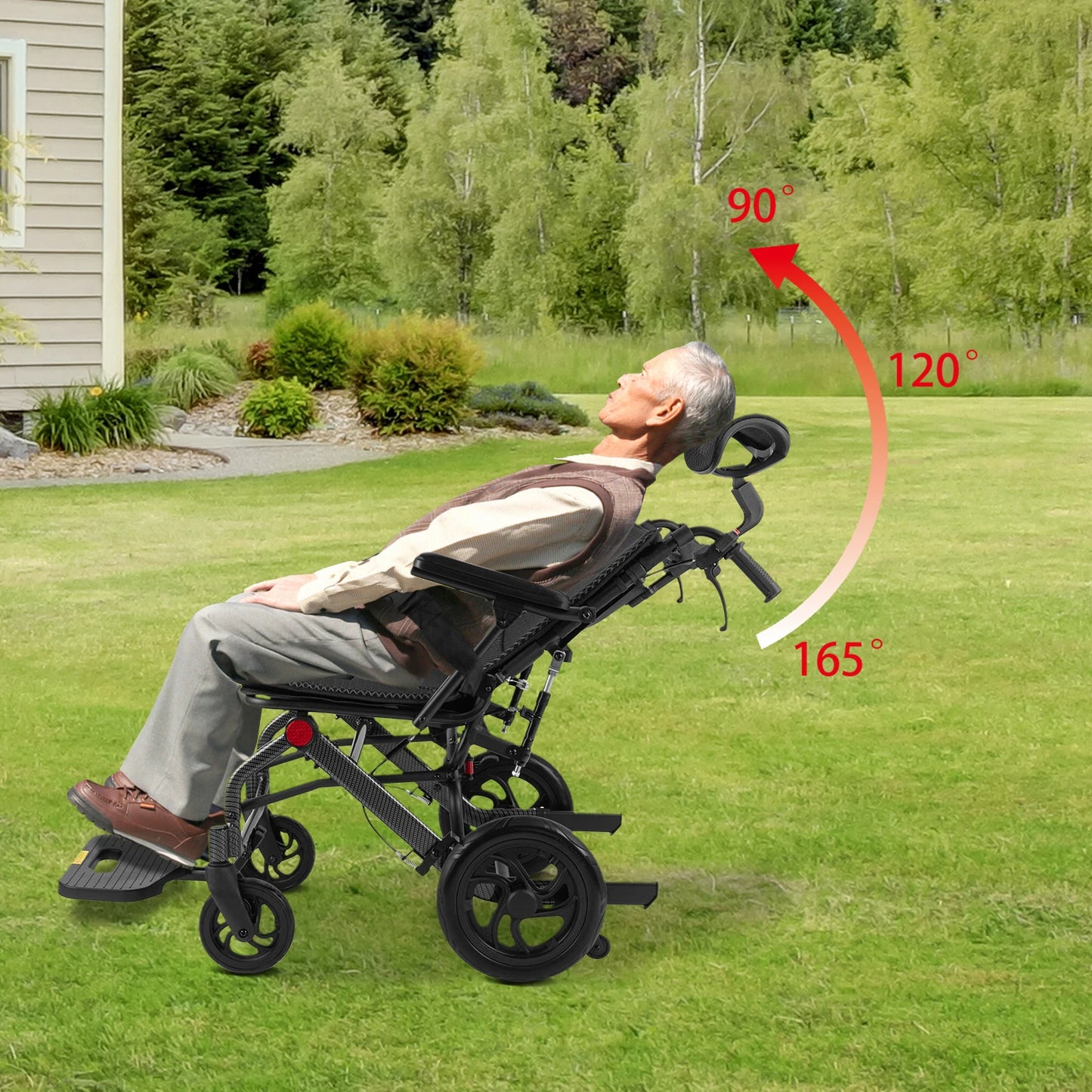 Folding Transport Wheelchair Reclining With Adjustable Headrest