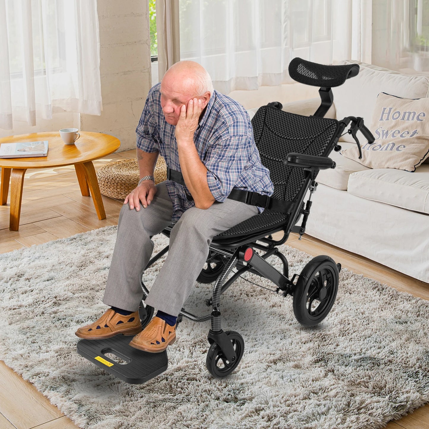 Folding Transport Wheelchair Reclining With Adjustable Headrest