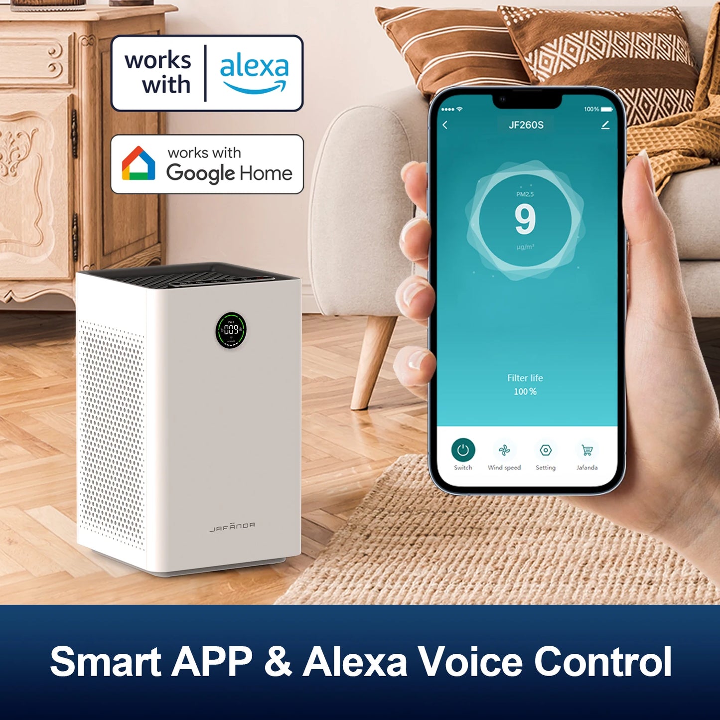 Jafända Air Purifier For Home Rooms With Smart WiFi Alexa Control True HEPA