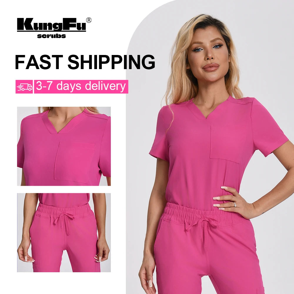 NONECN Scrub Set Women Nurse Uniform Jogger Top Pants Pockets