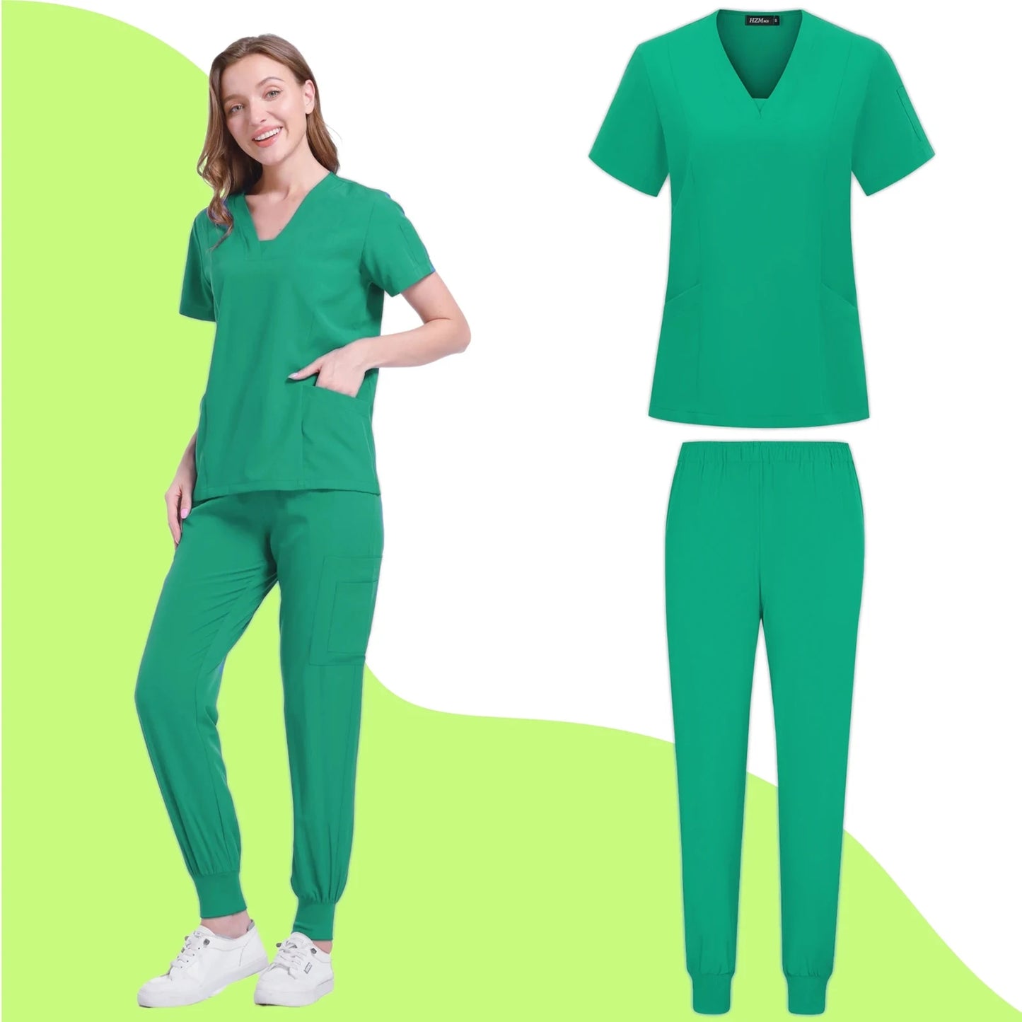 Women's Nurse Scrub Set V Neck Short Sleeve Multiple Pockets Medical Uniform