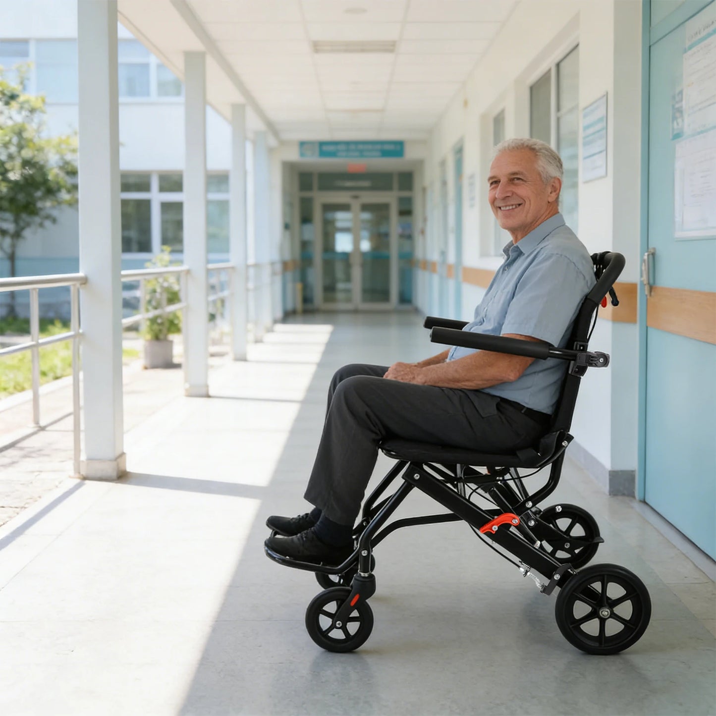 Foldable Transport Wheelchair With Handbrake Lightweight Portable Travel Chair