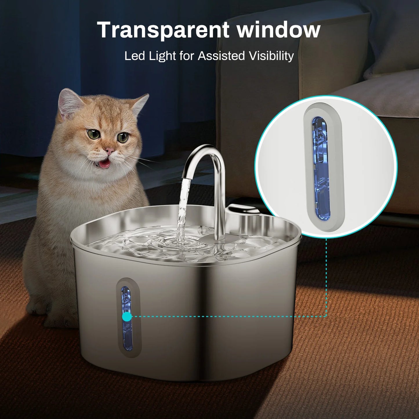 Stainless Steel Cat Water Fountain With LED Window Silent Flow