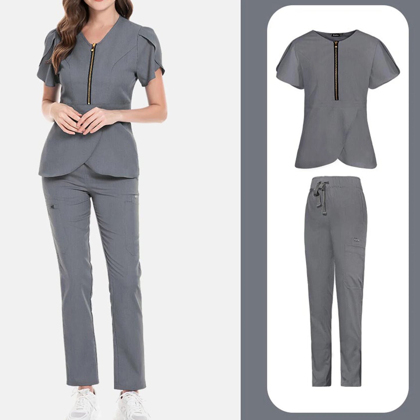 Nurse Scrub Set V Neck Zip Short Sleeves Long Pants
