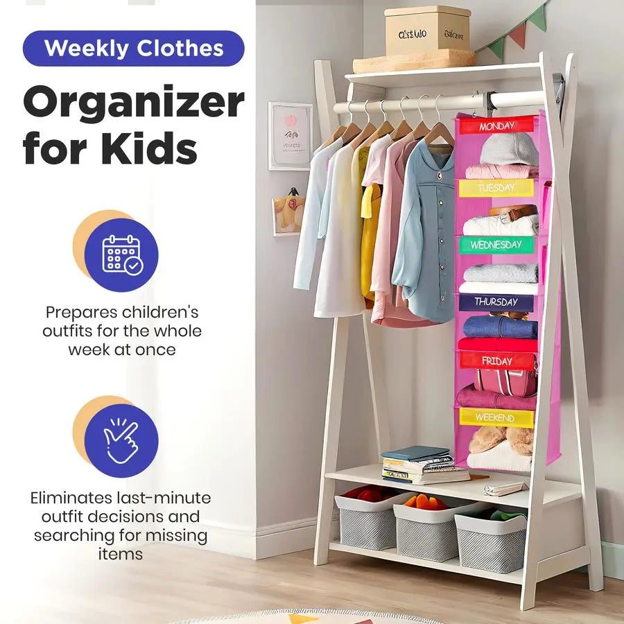 Hanging Clothes Organizer For Kids Labeled Weekday Shelves