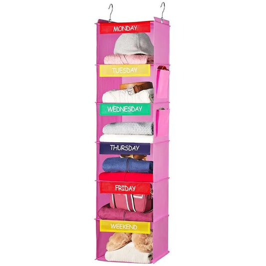 Hanging Clothes Organizer For Kids Labeled Weekday Shelves