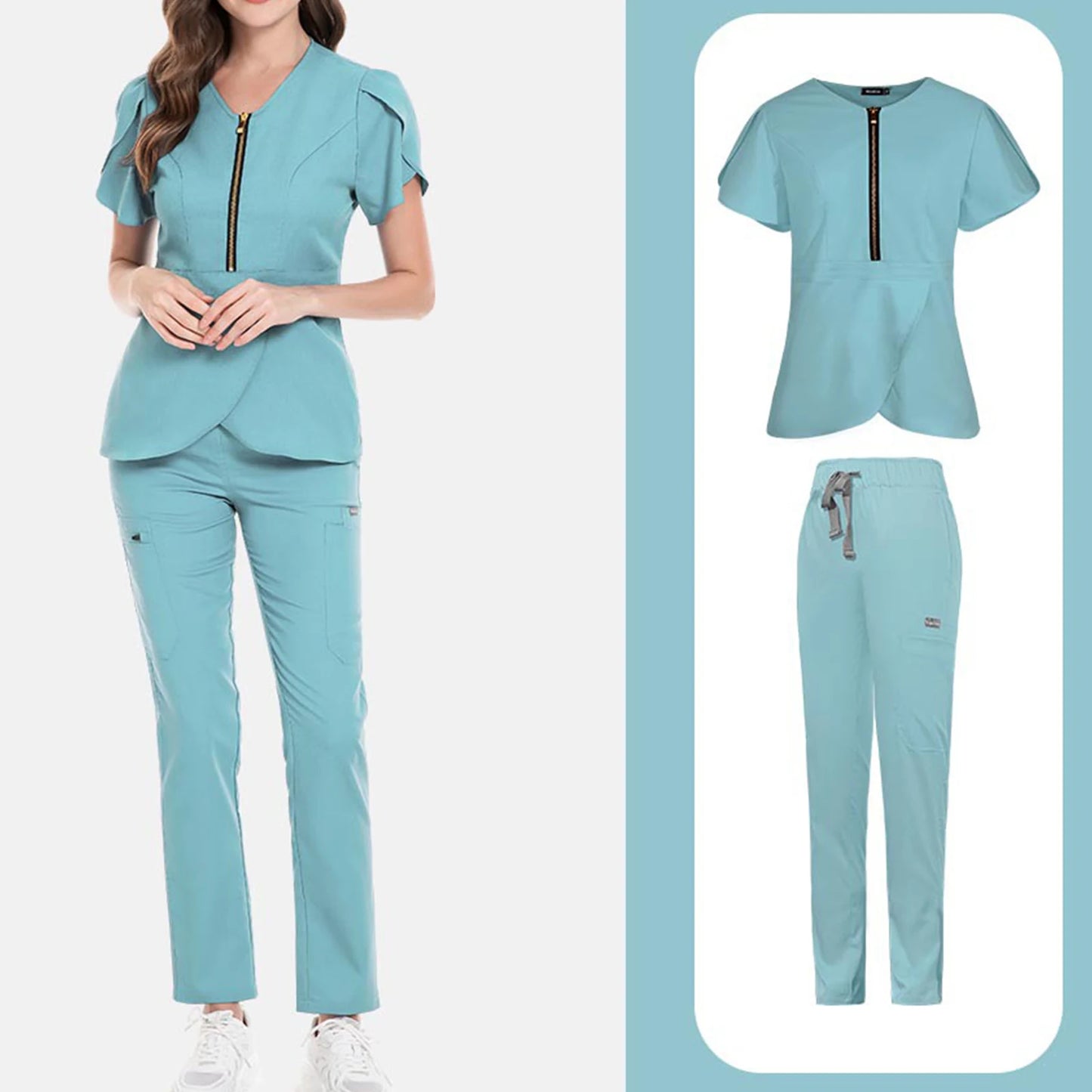 Nurse Scrub Set V Neck Zip Short Sleeves Long Pants