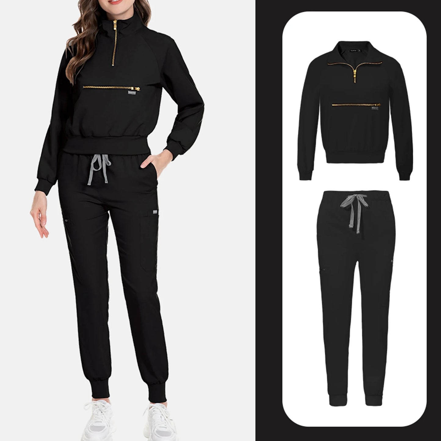 Nurse Scrub Set Stand Collar Zip Long Sleeve Pocket Workwear