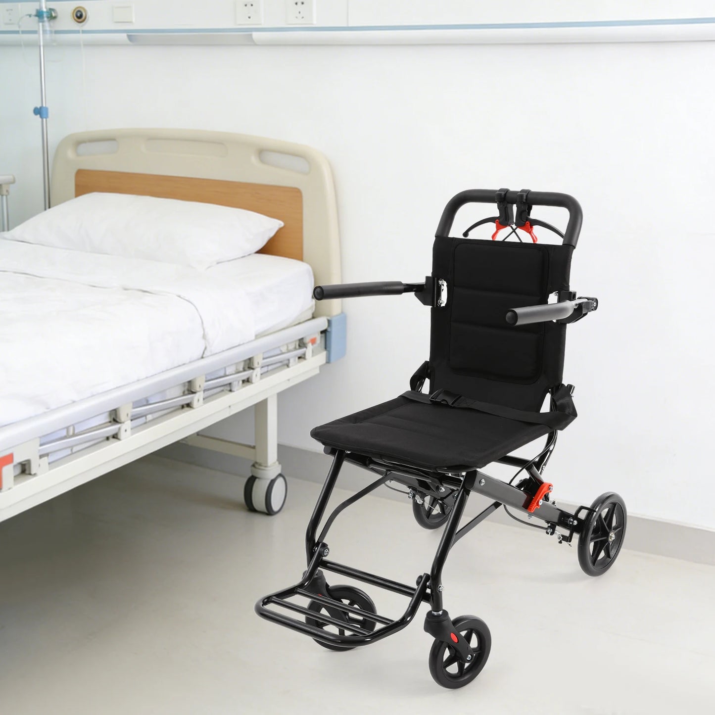 Foldable Transport Wheelchair With Handbrake Lightweight Portable Travel Chair