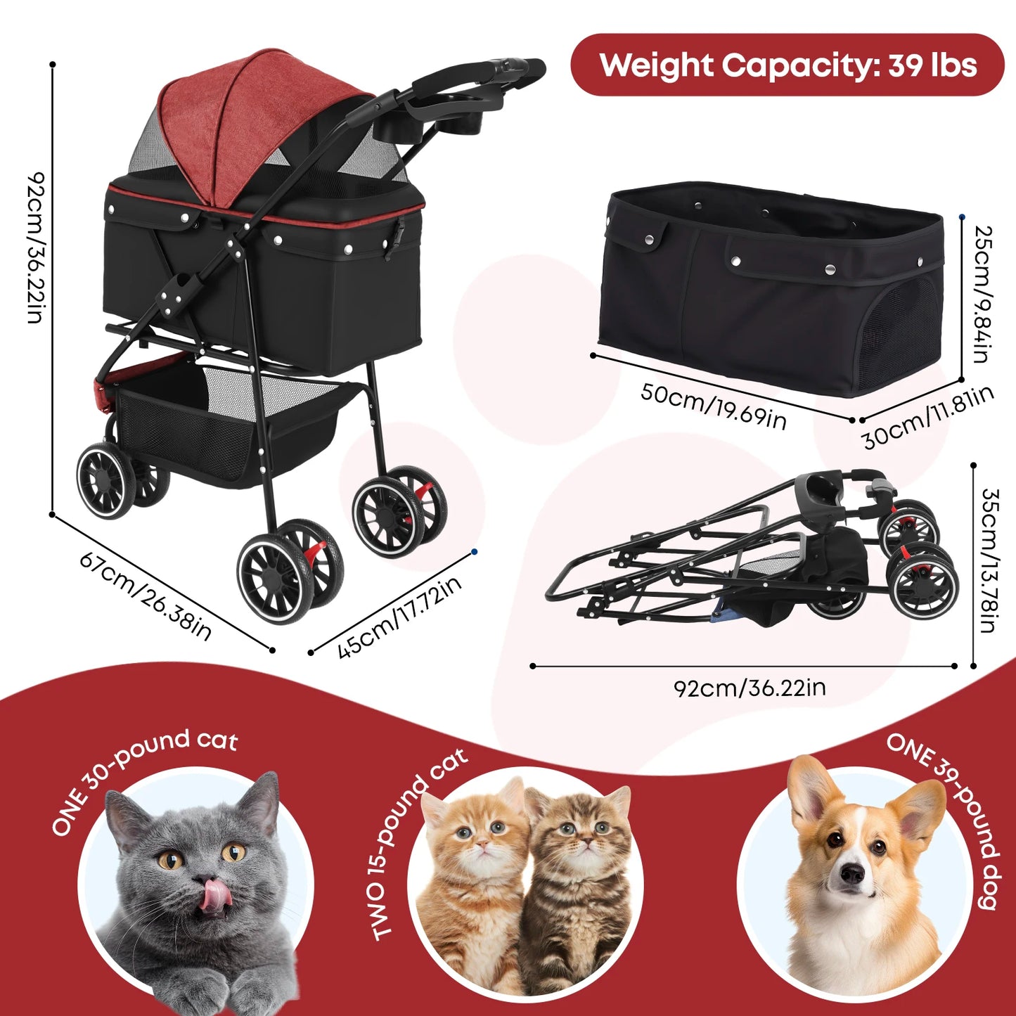 Chihuahua Pet Stroller For Small And Medium Dogs 3-Wheel Foldable