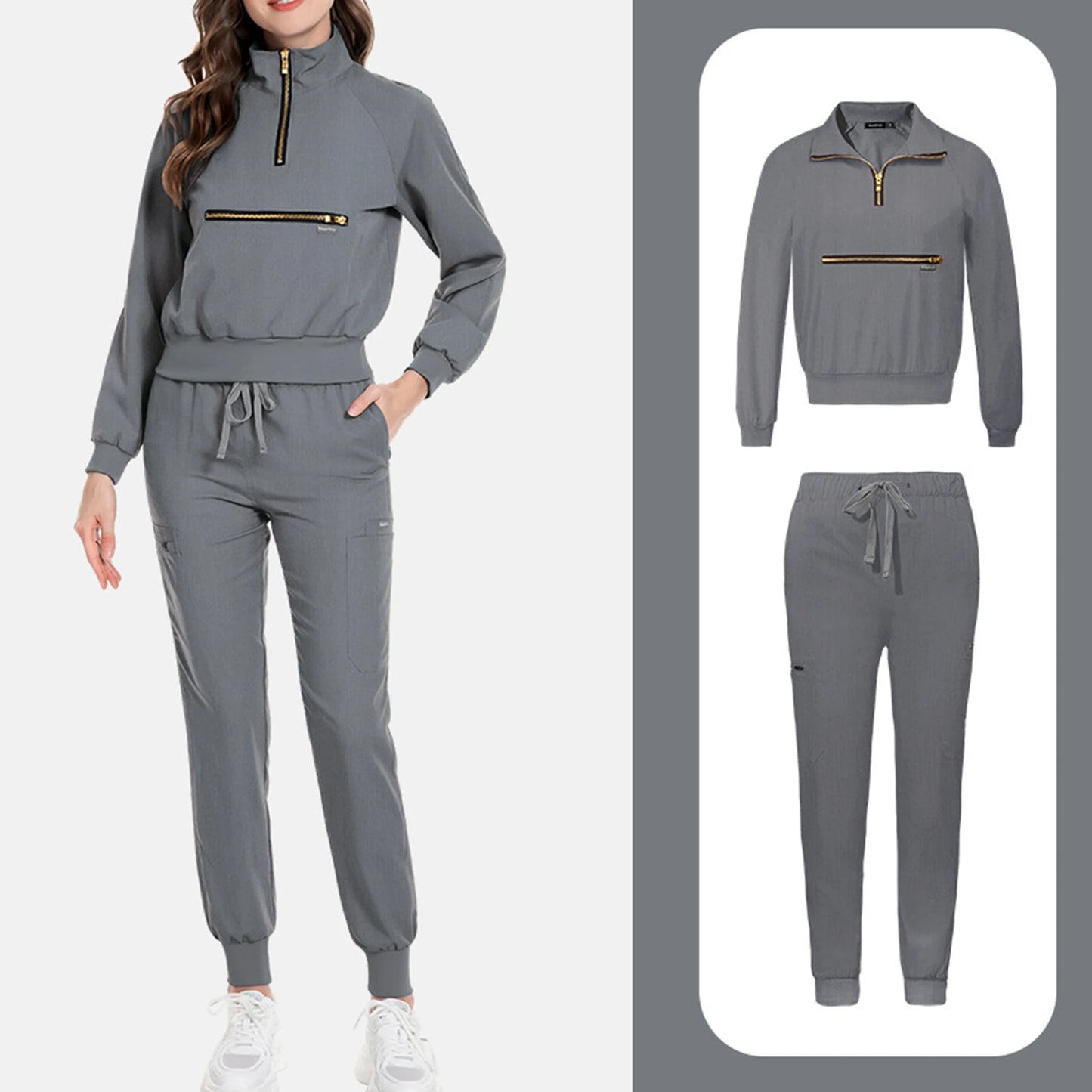 Nurse Scrub Set Stand Collar Zip Long Sleeve Pocket Workwear