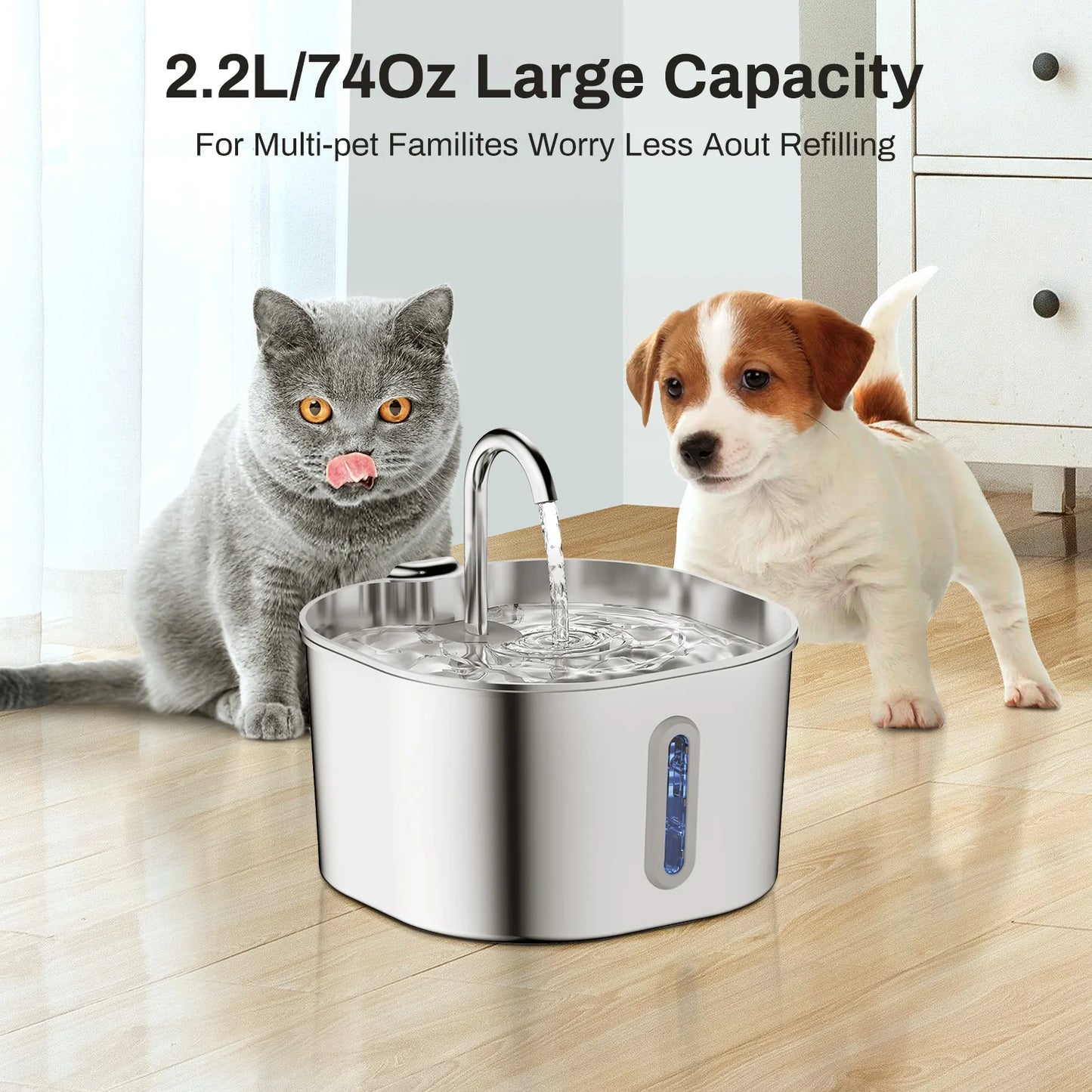 Stainless Steel Cat Water Fountain With LED Window Silent Flow