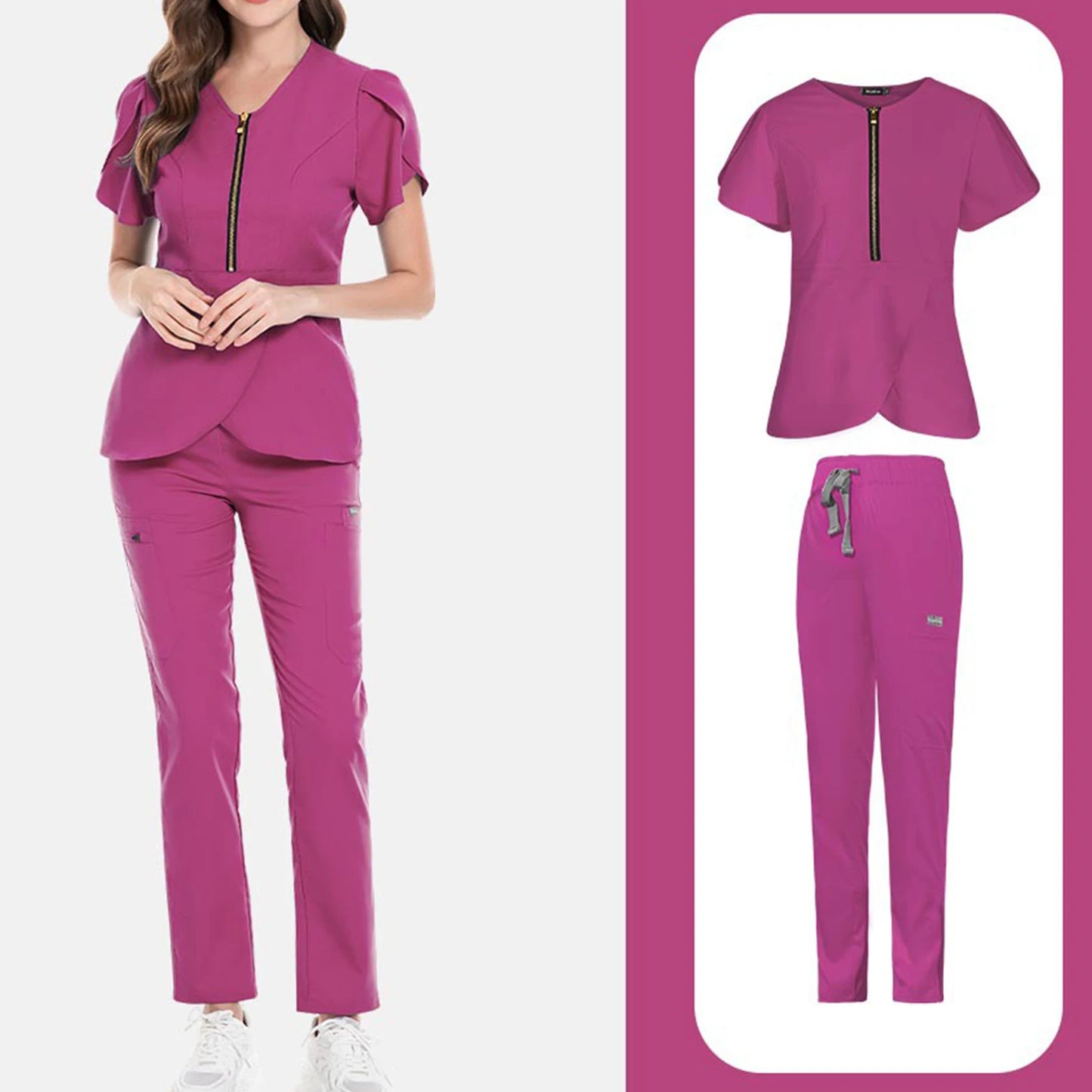 Nurse Scrub Set V Neck Zip Short Sleeves Long Pants