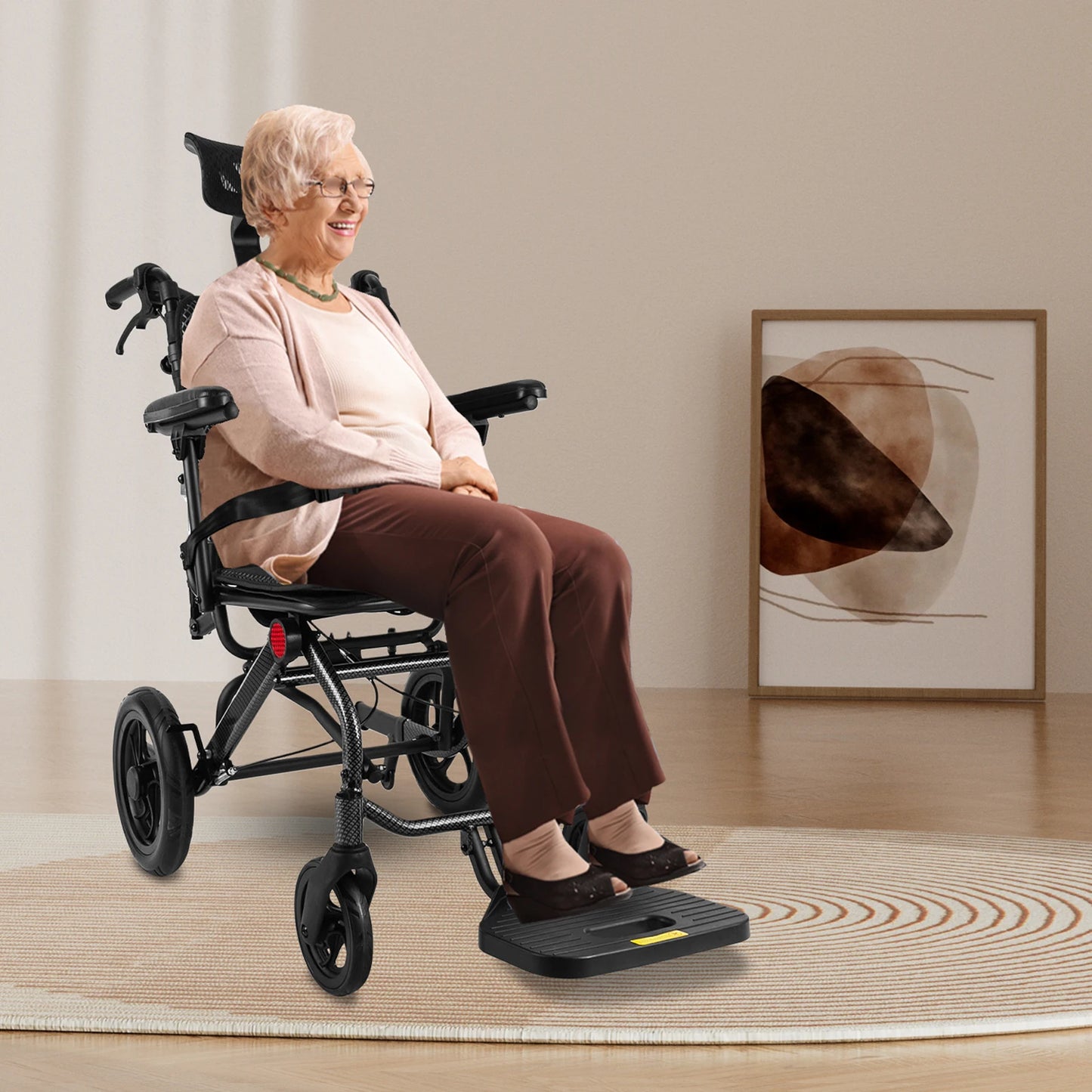 Folding Transport Wheelchair Reclining With Adjustable Headrest