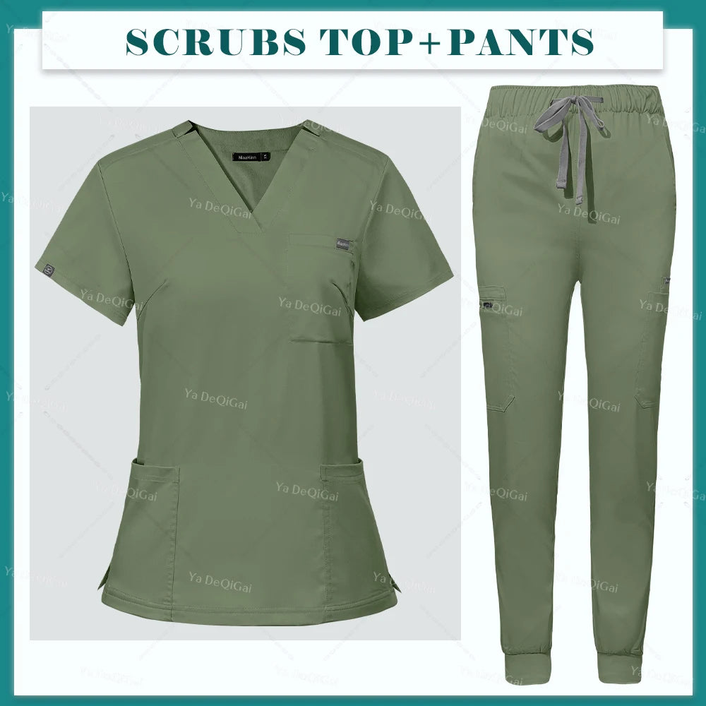 Scrubs Uniform Set Short Sleeve V Neck Top Jogger Pants