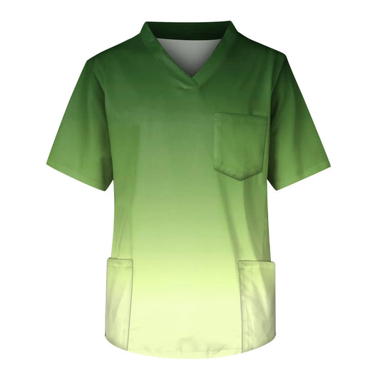 Eillysevens Nurse Uniform Top Gradient Print V Neck Chest Pocket Breathable