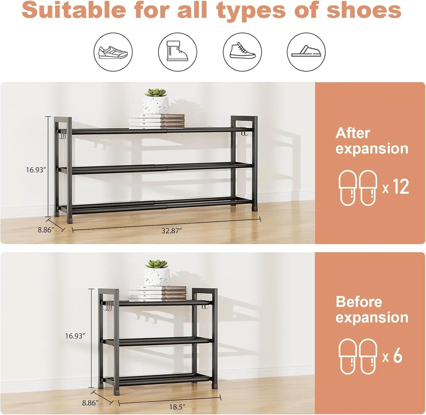 Adjustable Expandable 3-Tier Shoe Rack for Closet 12 Pairs