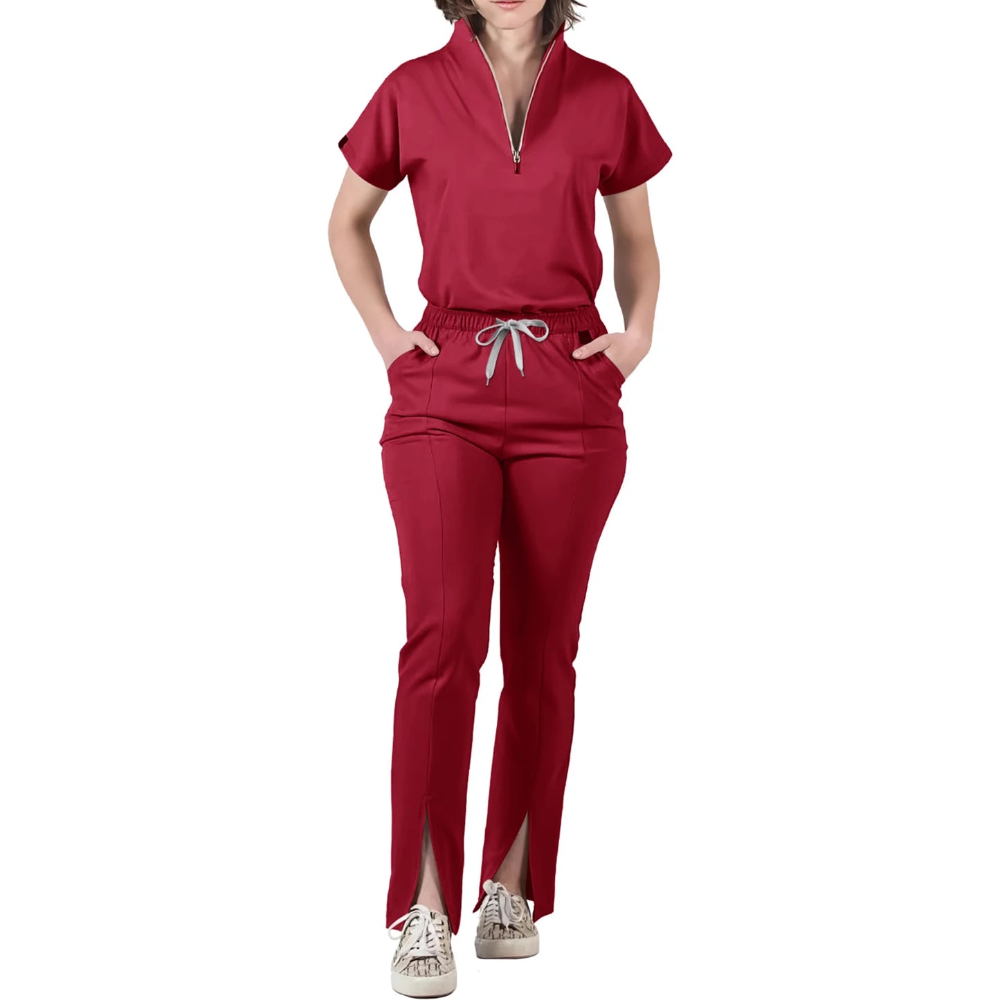 Nurse Scrub Set V-Neck Half Zip Short Sleeve Professional Workwear