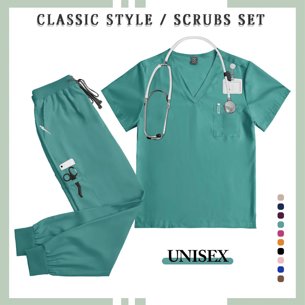 NONECN Surgery Scrubs Set Women Short Sleeve Top Pants Medical Uniform