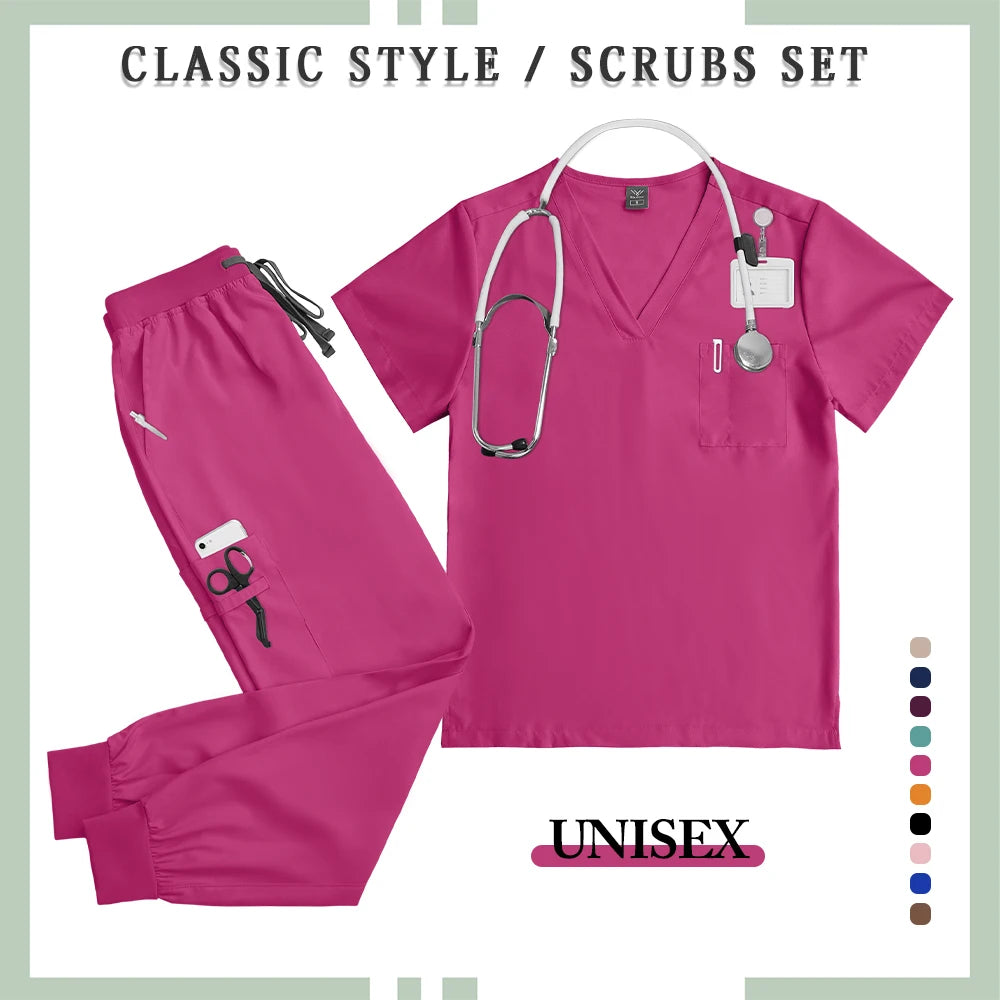NONECN Surgery Scrubs Set Women Short Sleeve Top Pants Medical Uniform