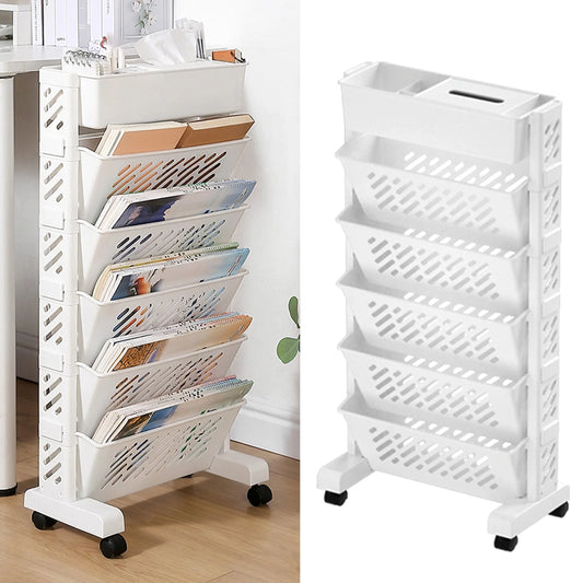 Movable Plastic Bookshelf With Large Capacity Rotating Removable Shelves