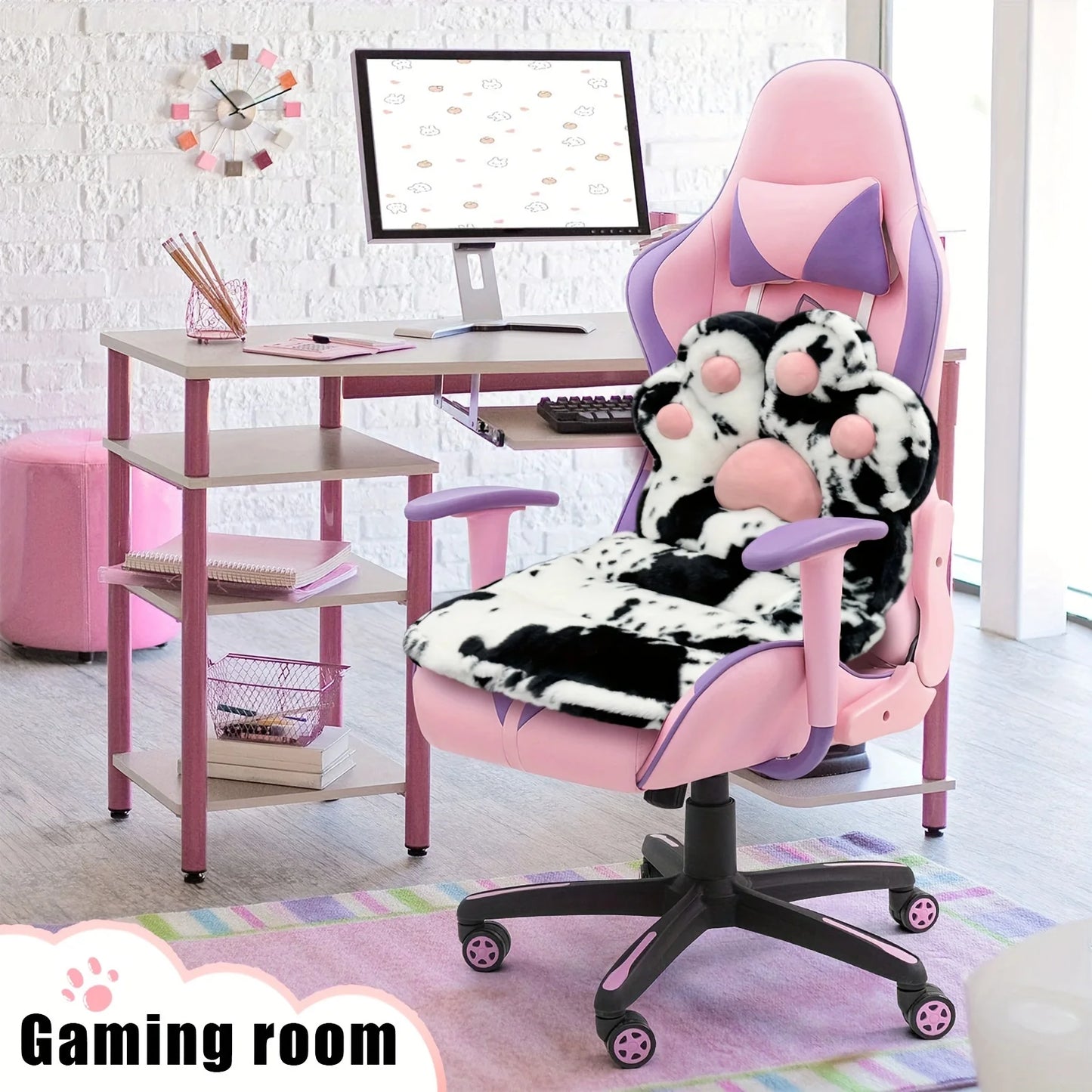 MOONBEEKI L Shape Cat Paw Cushion Faux Rabbit Fur Gaming Chair Pillow