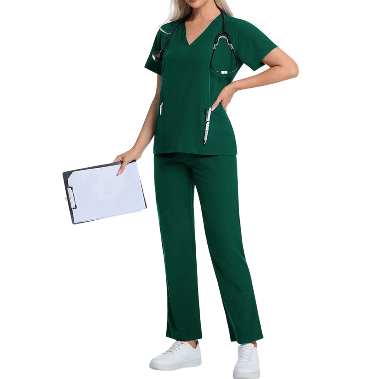 Nurse Scrub Set V Neck Short Sleeve Pocket Medical Uniform