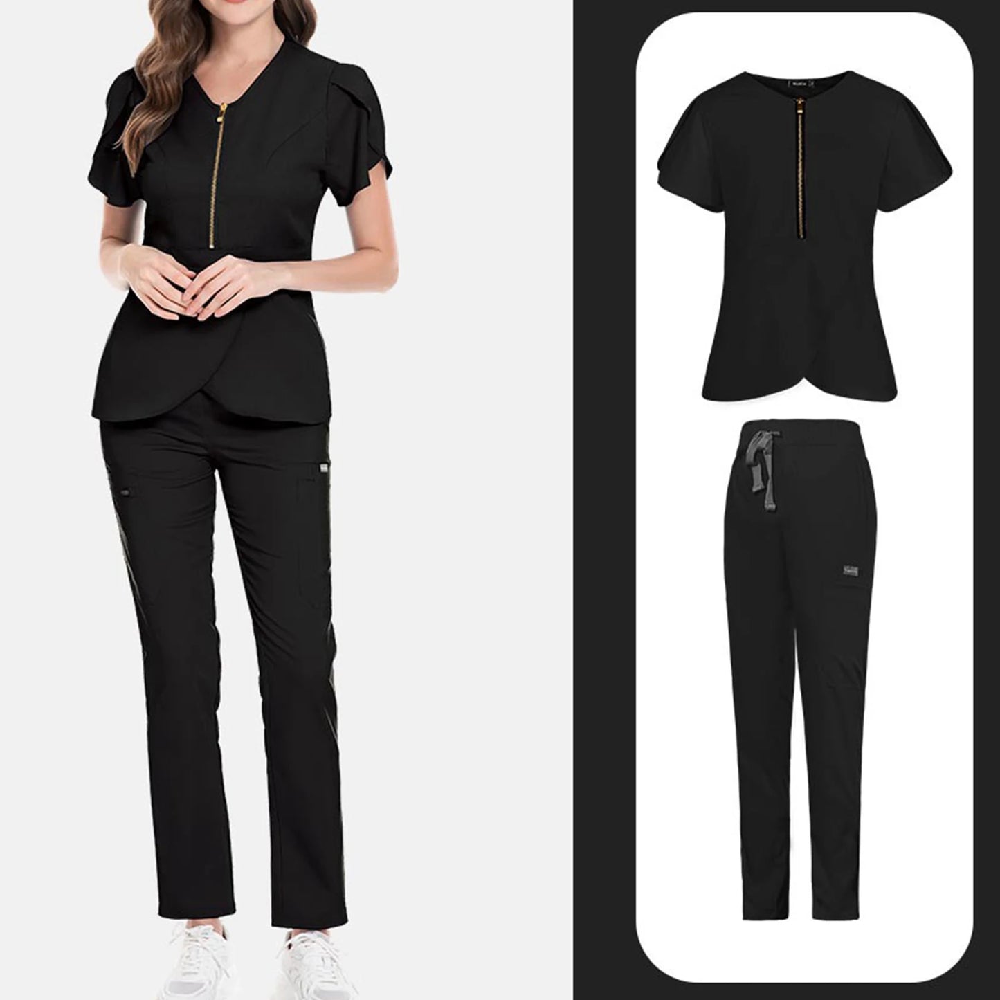 Nurse Scrub Set V Neck Zip Short Sleeves Long Pants