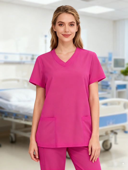 XUANSHOWCN Women Nurse Uniform Woven Top Pocket Front V Neck