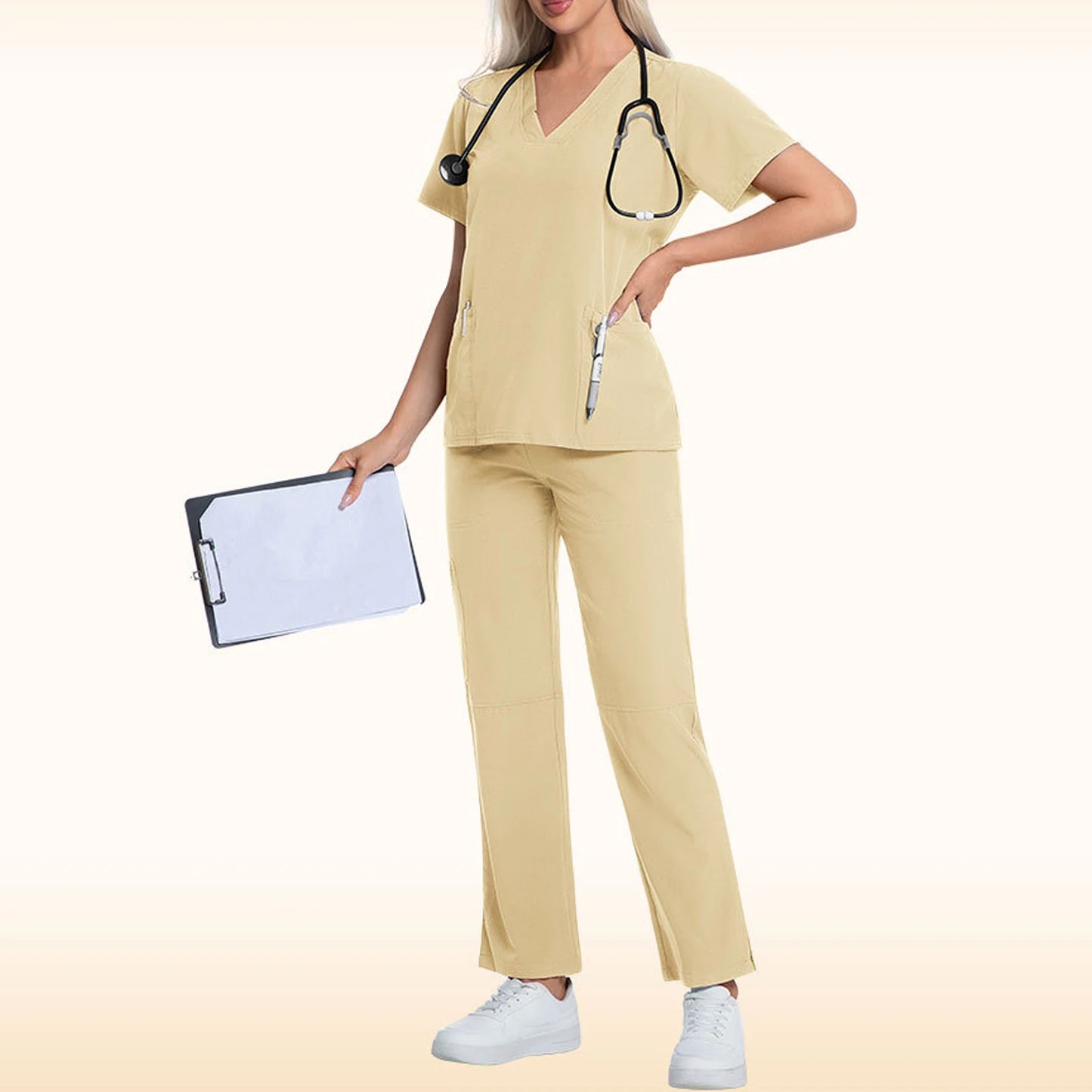 Nurse Scrub Set V Neck Short Sleeve Pocket Medical Uniform